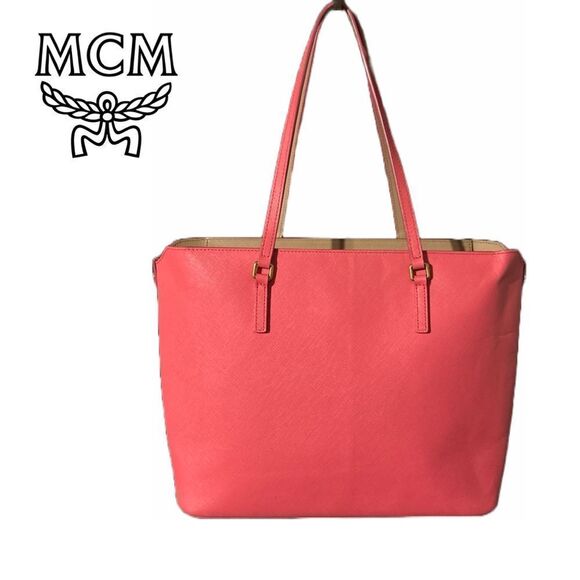 MCM Hot Pink and Tan Saffiano Leather‎ Large Tote Bag - Picture 3 of 7